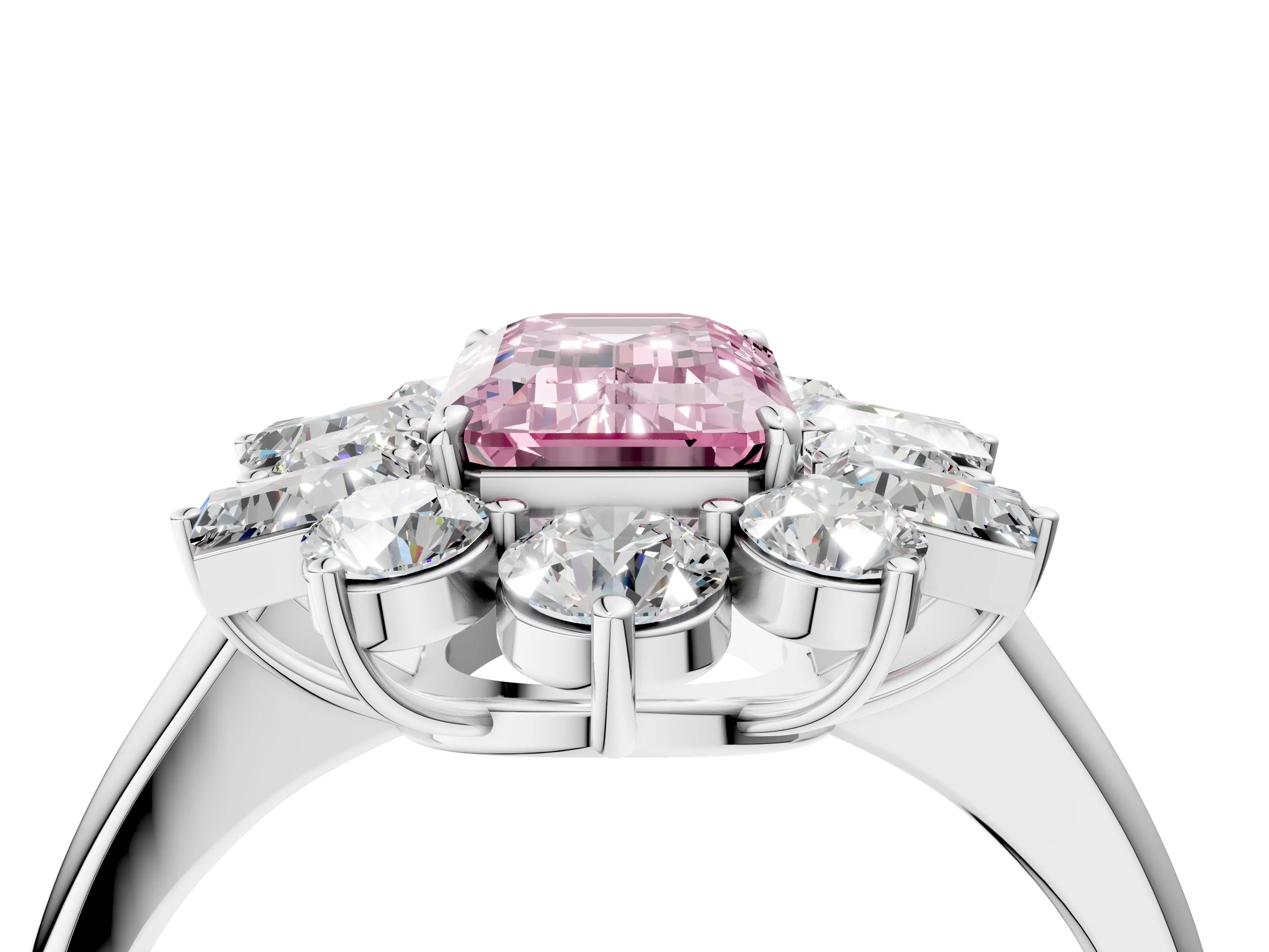 White gold Fancy Pink Emerald Cut Diamond Cluster Ring with Round and Baguette Stones, Split Shank Band, Prong Setting_4
