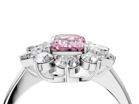 White gold Fancy Pink Emerald Cut Diamond Cluster Ring with Round and Baguette Stones, Split Shank Band, Prong Setting_4