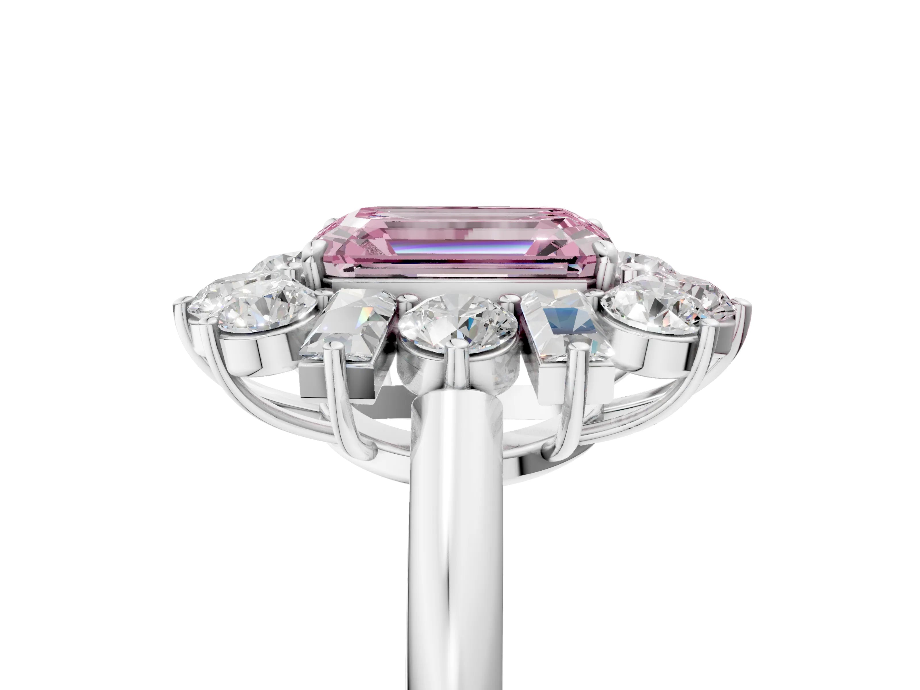 White gold Fancy Pink Emerald Cut Diamond Cluster Ring with Round and Baguette Stones, Split Shank Band, Prong Setting_5