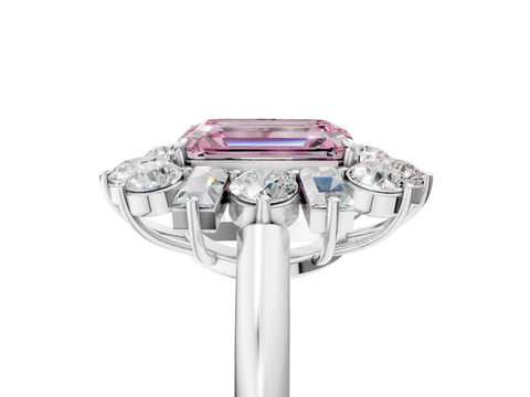 White gold Fancy Pink Emerald Cut Diamond Cluster Ring with Round and Baguette Stones, Split Shank Band, Prong Setting_5