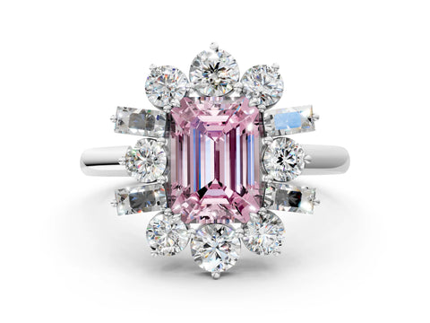 White gold Fancy Pink Emerald Cut Diamond Cluster Ring with Round and Baguette Stones, Split Shank Band, Prong Setting