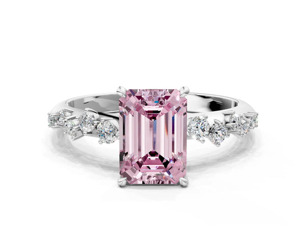 White gold Fancy Pink Emerald Cut Diamond Cluster Side Stone Solitaire Ring with Prong Setting