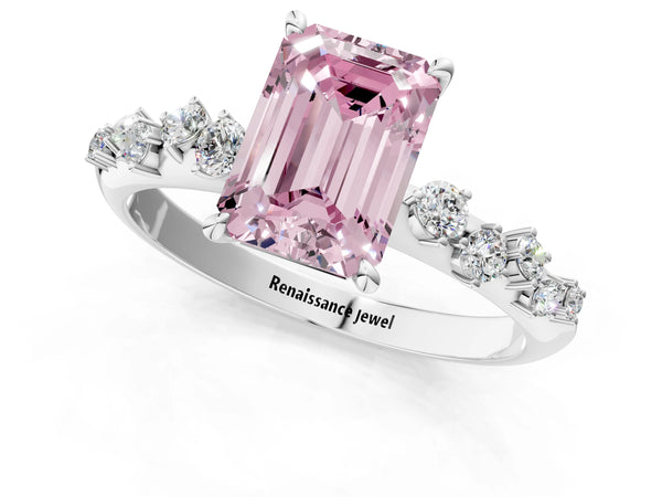 White gold Fancy Pink Emerald Cut Diamond Cluster Side Stone Solitaire Ring with Prong Setting