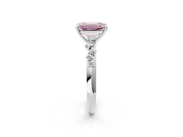 White gold Fancy Pink Emerald Cut Diamond Cluster Side Stone Solitaire Ring with Prong Setting