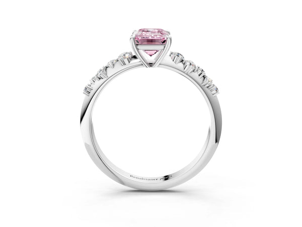 White gold Fancy Pink Emerald Cut Diamond Cluster Side Stone Solitaire Ring with Prong Setting