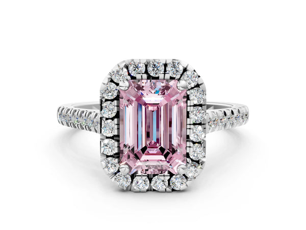 Platinum Fancy Pink Emerald Cut Diamond Cushion Halo Ring with Pavé Band