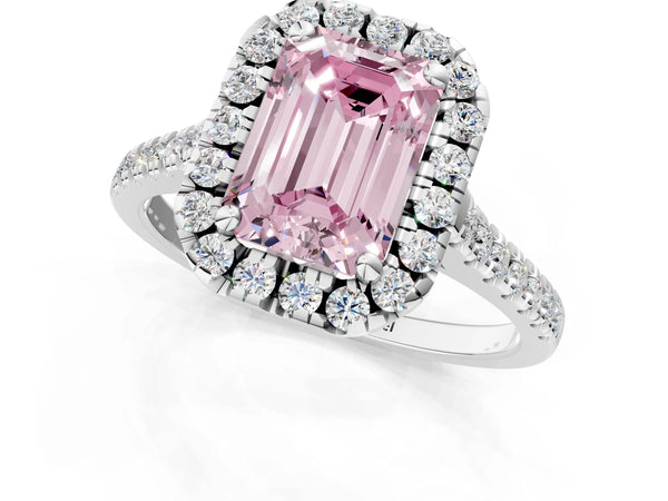 Platinum Fancy Pink Emerald Cut Diamond Cushion Halo Ring with Pavé Band