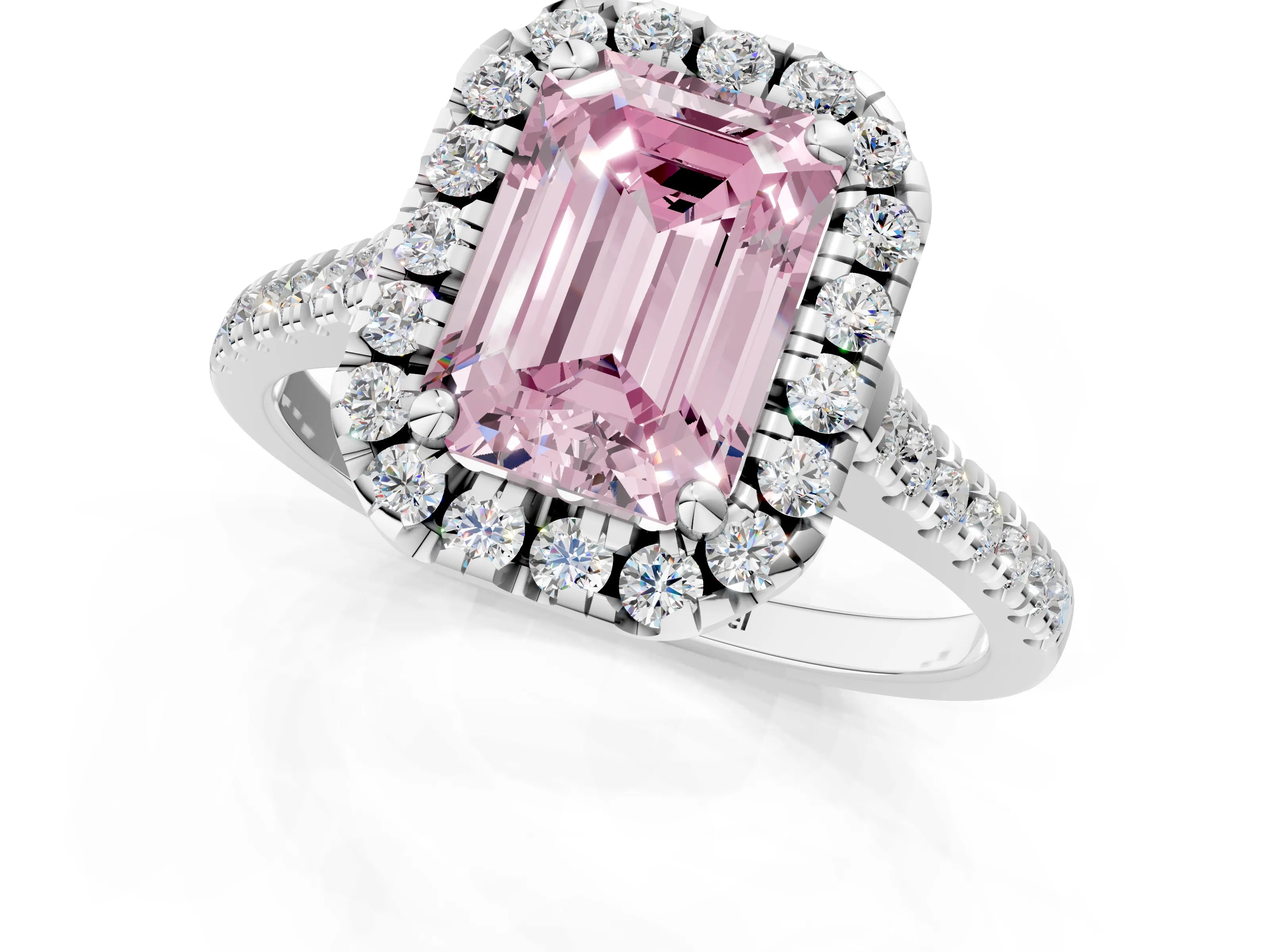 White gold Fancy Pink Emerald Cut Diamond Cushion Halo Ring with Pavé Band_13