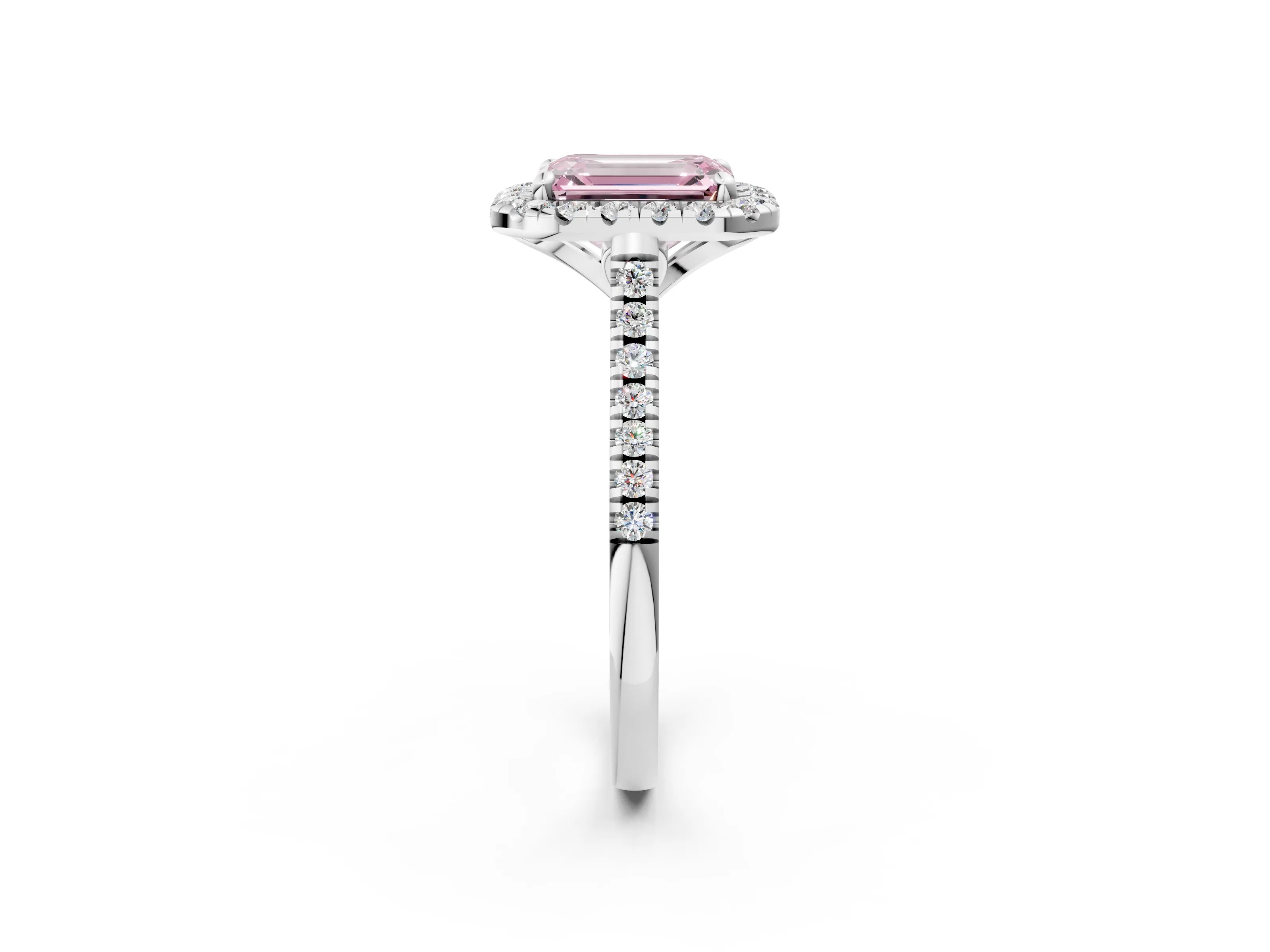 White gold Fancy Pink Emerald Cut Diamond Cushion Halo Ring with Pavé Band_14