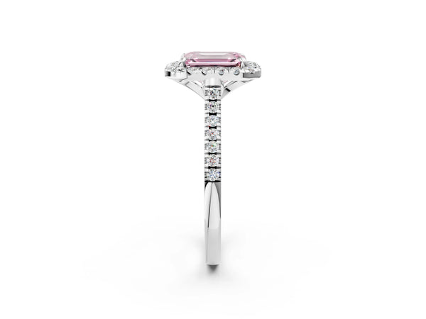 Platinum Fancy Pink Emerald Cut Diamond Cushion Halo Ring with Pavé Band