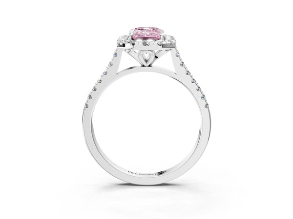 Platinum Fancy Pink Emerald Cut Diamond Cushion Halo Ring with Pavé Band