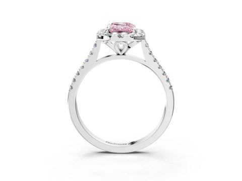 White gold Fancy Pink Emerald Cut Diamond Cushion Halo Ring with Pavé Band_15