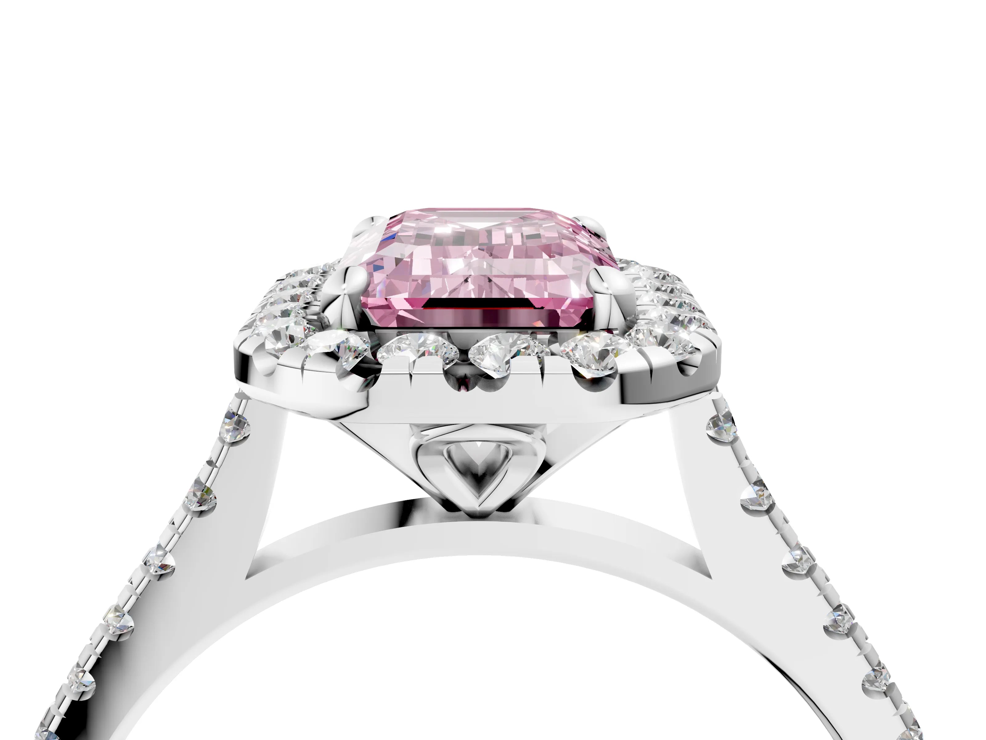 White gold Fancy Pink Emerald Cut Diamond Cushion Halo Ring with Pavé Band_16