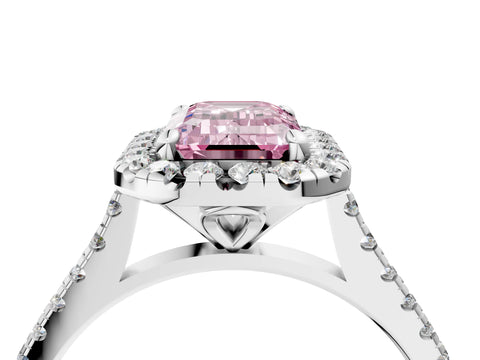 White gold Fancy Pink Emerald Cut Diamond Cushion Halo Ring with Pavé Band_16