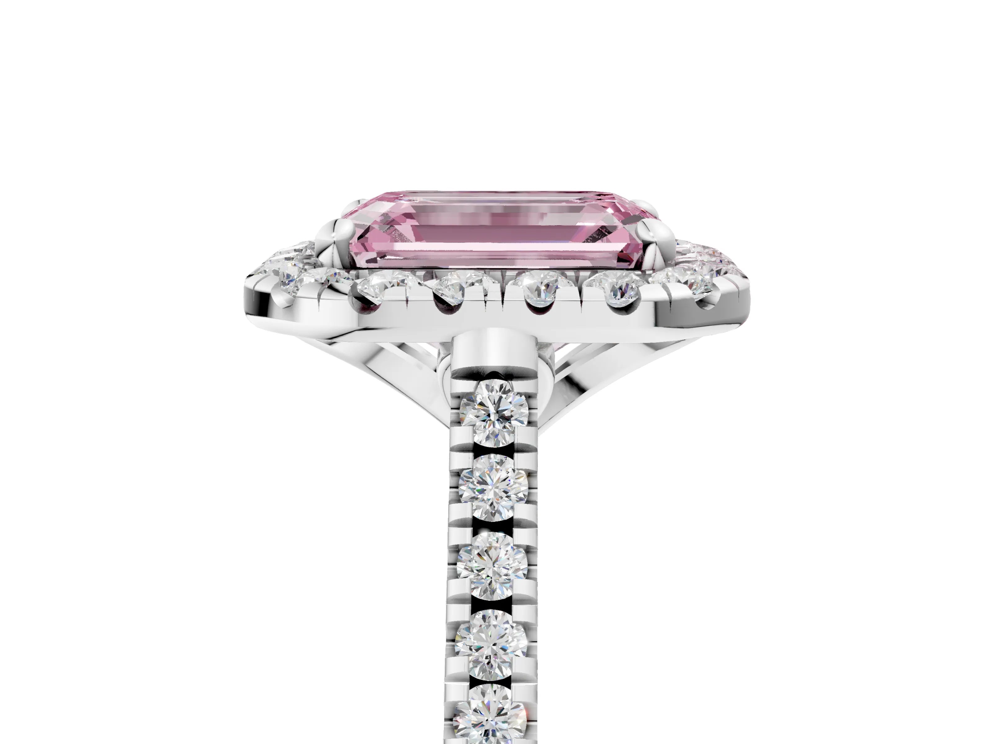 White gold Fancy Pink Emerald Cut Diamond Cushion Halo Ring with Pavé Band_17