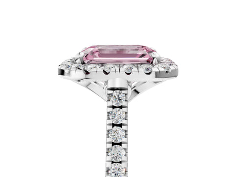 White gold Fancy Pink Emerald Cut Diamond Cushion Halo Ring with Pavé Band_17