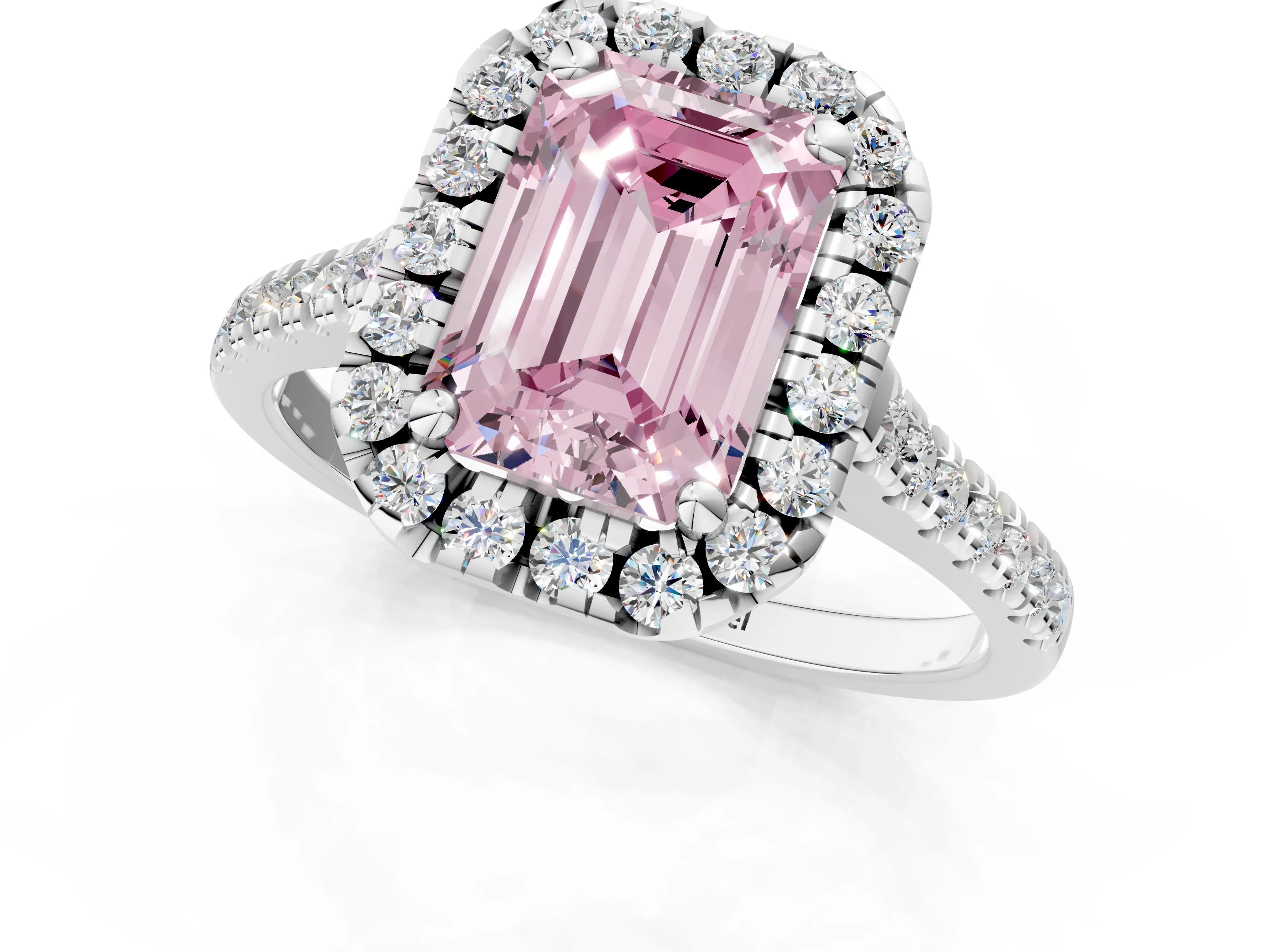 White gold Fancy Pink Emerald Cut Diamond Cushion Halo Ring with Pavé Band_1