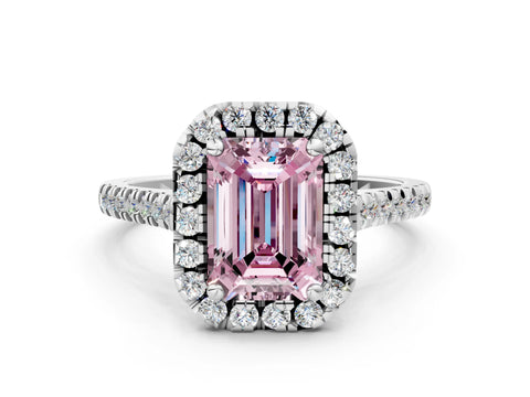 White gold Fancy Pink Emerald Cut Diamond Cushion Halo Ring with Pavé Band