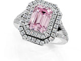 White gold Fancy Pink Emerald Cut Diamond Double Halo Ring with Pavé Band and Prong Setting_172