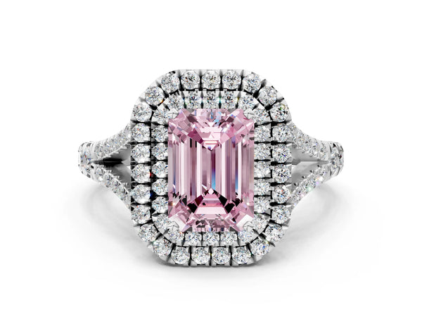 Platinum Fancy Pink Emerald Cut Diamond Double Halo Ring with Split Shank and Prong Setting