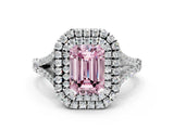 White gold Fancy Pink Emerald Cut Diamond Double Halo Ring with Split Shank and Prong Setting_27