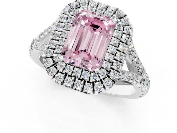 Platinum Fancy Pink Emerald Cut Diamond Double Halo Ring with Split Shank and Prong Setting