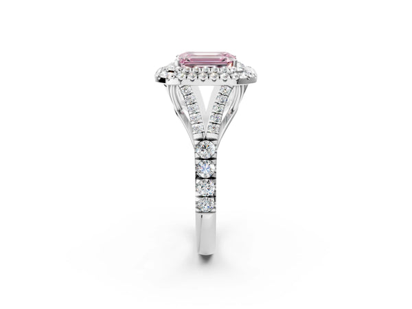Platinum Fancy Pink Emerald Cut Diamond Double Halo Ring with Split Shank and Prong Setting