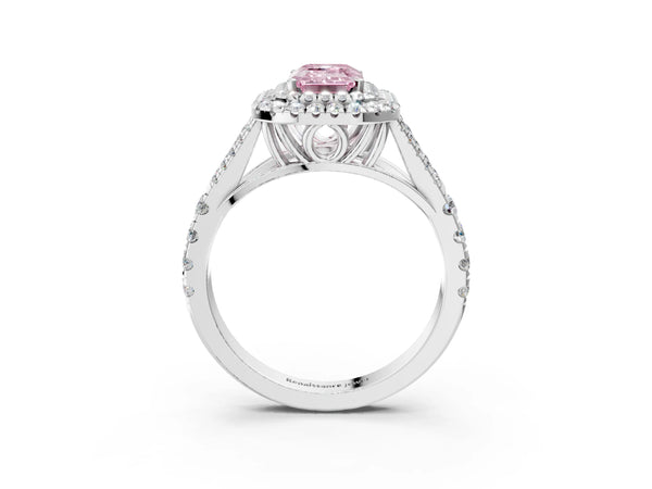 Platinum Fancy Pink Emerald Cut Diamond Double Halo Ring with Split Shank and Prong Setting