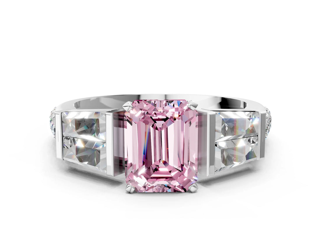 White gold Fancy Pink Emerald Cut Diamond Engagement Ring with Baguette Side Stones and Channel Set Band_32