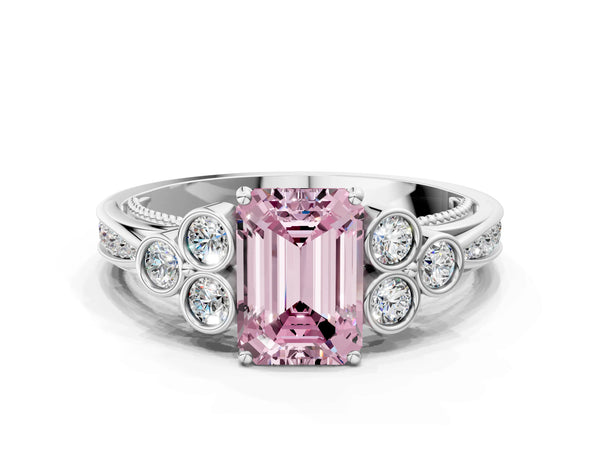 Platinum Emerald Cut Engagement Ring Setting for Fancy Pink Center with Bezel-Set Shoulder Clusters