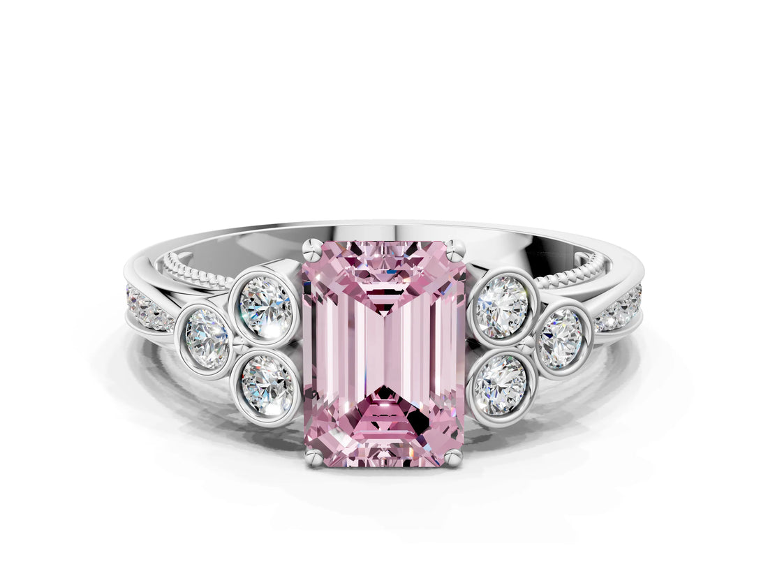 White gold Fancy Pink Emerald  Cut Diamond Engagement Ring with Bezel Set Round Side Stones and Prong Setting_52