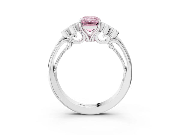 Platinum Emerald Cut Engagement Ring Setting for Fancy Pink Center with Bezel-Set Shoulder Clusters