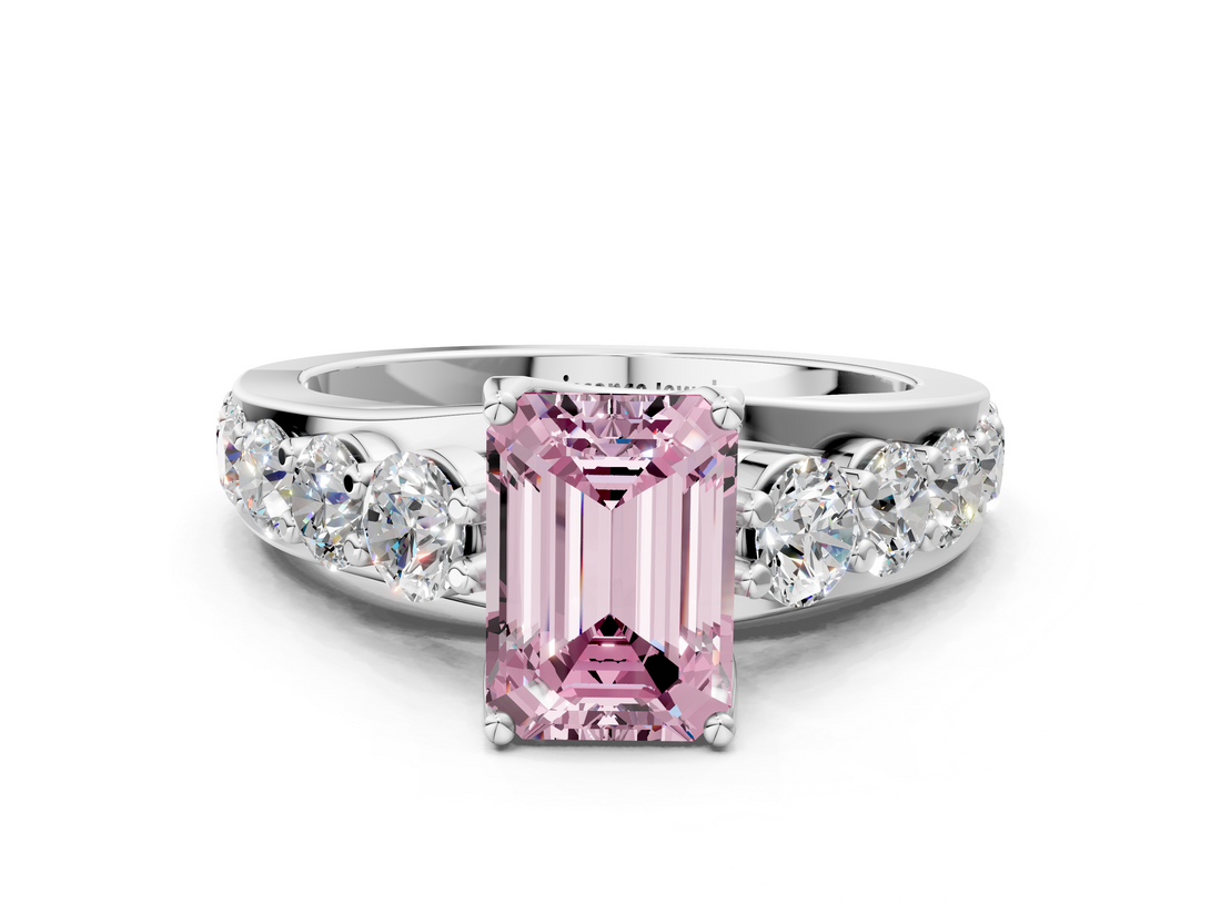 White gold Fancy Pink Emerald  Cut Diamond Engagement Ring with Pavé Band and Four-Prong Setting_3