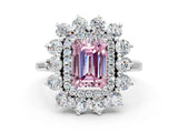 White gold Fancy Pink Emerald Cut Diamond Floral Double Halo Engagement Ring with Prong Setting