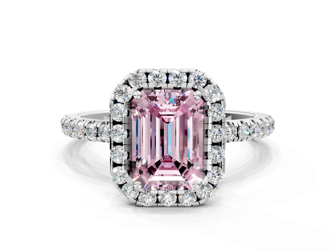 White gold Fancy Pink Emerald  Cut Diamond Floral Halo Engagement Ring with Pavé Band and Prong Setting_49