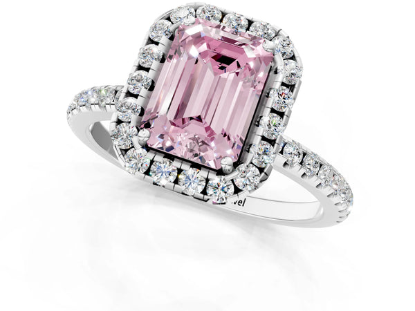 Platinum Fancy Pink Emerald  Cut Diamond Floral Halo Engagement Ring with Pavé Band and Prong Setting