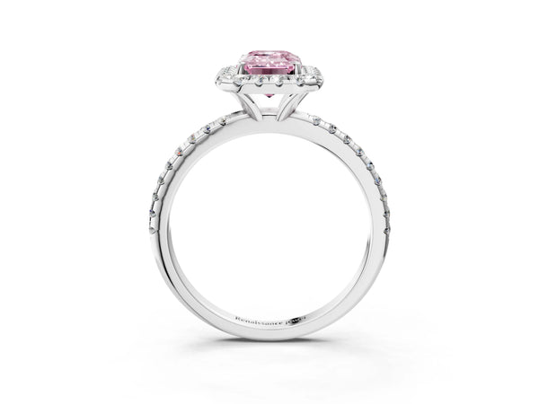 Platinum Fancy Pink Emerald  Cut Diamond Floral Halo Engagement Ring with Pavé Band and Prong Setting