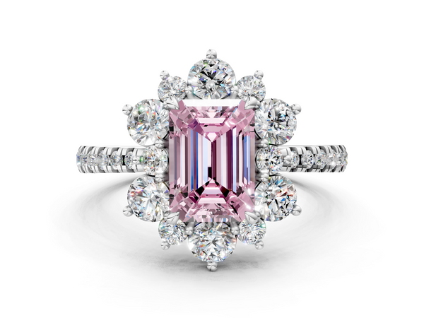 Platinum Fancy Pink Emerald  Cut Diamond Floral Halo Pave Band with Prong Setting