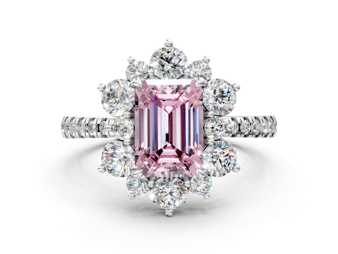 White gold Fancy Pink Emerald  Cut Diamond Floral Halo Pave Band with Prong Setting_37