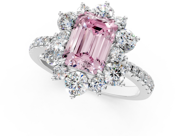 Platinum Fancy Pink Emerald  Cut Diamond Floral Halo Pave Band with Prong Setting