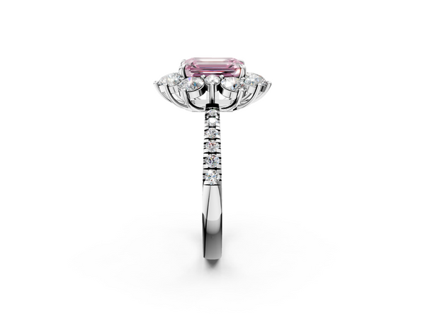 Platinum Fancy Pink Emerald  Cut Diamond Floral Halo Pave Band with Prong Setting