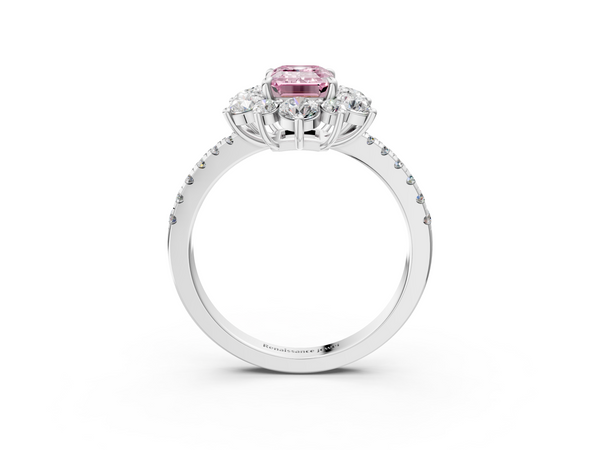 Platinum Fancy Pink Emerald  Cut Diamond Floral Halo Pave Band with Prong Setting