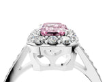 White gold Fancy Pink Emerald Cut Diamond Floral Halo Ring with Pavé Band and Prong Setting_11