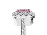 White gold Fancy Pink Emerald Cut Diamond Floral Halo Ring with Pavé Band and Prong Setting_12