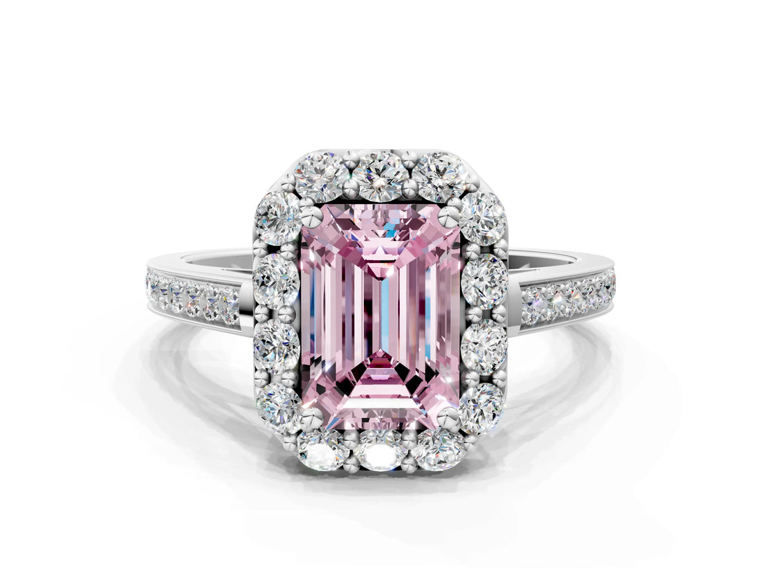 White gold Fancy Pink Emerald Cut Diamond Floral Halo Ring with Pavé Band and Prong Setting_7