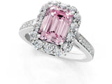 White gold Fancy Pink Emerald Cut Diamond Floral Halo Ring with Pavé Band and Prong Setting_8