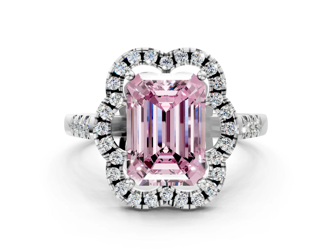 White gold Fancy Pink Emerald Cut Diamond Floral Halo Split Shank Prong Setting Ring