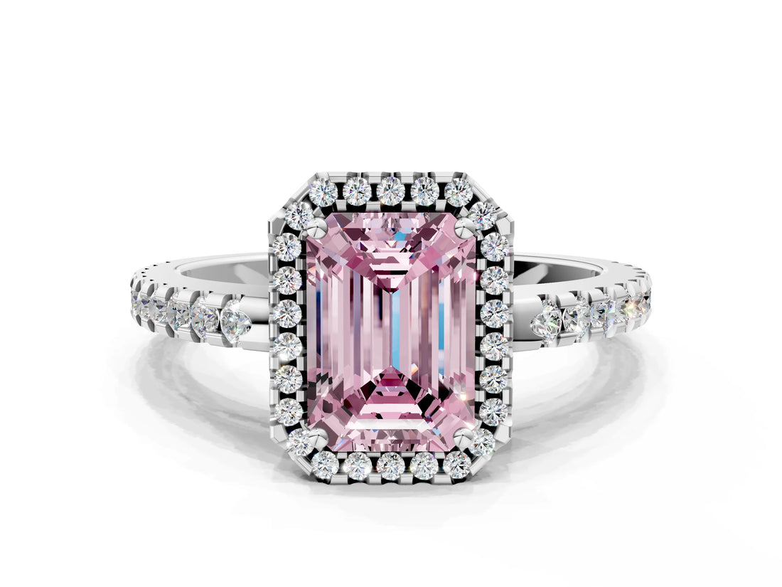 White gold Fancy Pink Emerald Cut Diamond Halo Engagement Ring with Pavé Band and Prong Setting_39