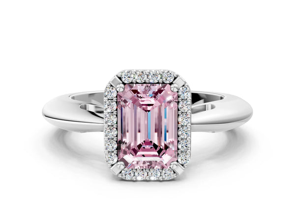 White gold Fancy Pink Emerald  Cut Diamond Halo Engagement Ring with Split Shank and Four-Prong Setting