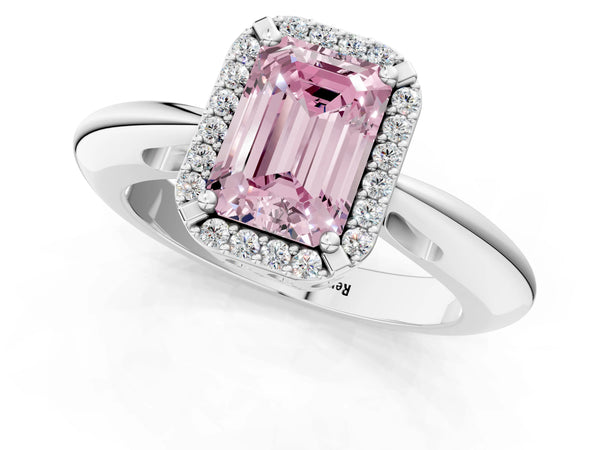 White gold Fancy Pink Emerald  Cut Diamond Halo Engagement Ring with Split Shank and Four-Prong Setting